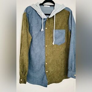 Charmkpr Button-up Men's 1 Pckt Navy + Olive Green Corduroy Shirt Sz L